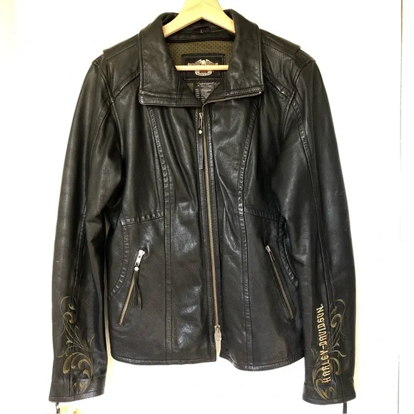Women’s Harley Davison Gunuine Leather Motorcycle Jacket Size Large Embroidered - Picture 4 of 10